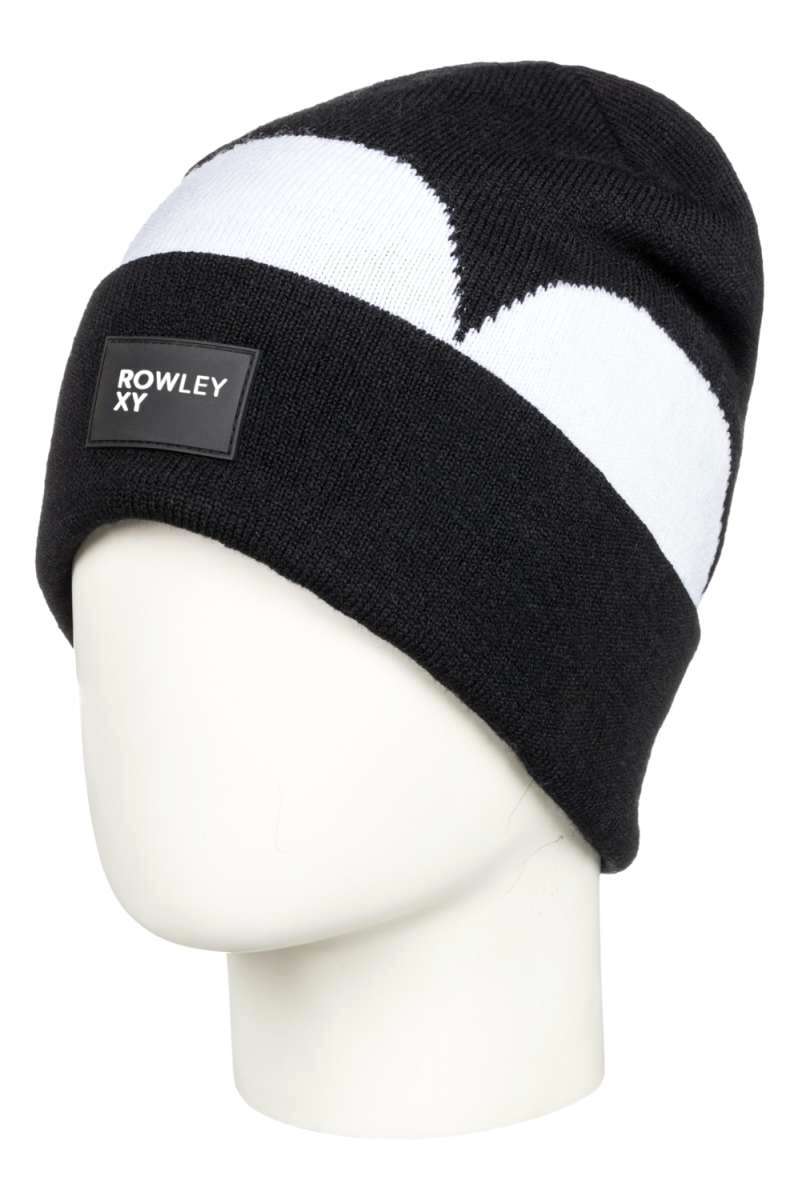 Roxy X Rowley Women's Beanie 2022 - A black beanie with a white stripe around the cuff and a small gray tag on the front that says "ROWLEY XY" in white letters.