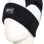 Roxy X Rowley Women's Beanie 2022 - A black beanie with a white stripe around the cuff and a small gray tag on the front that says "ROWLEY XY" in white letters.