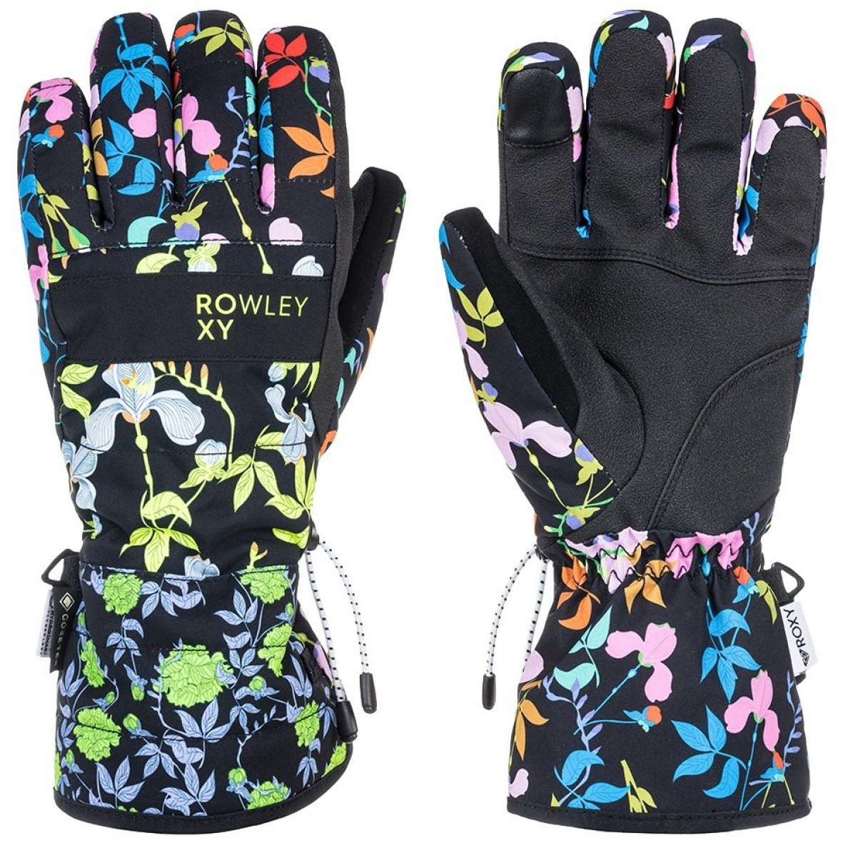 Roxy X Rowley Women's GORE-TEX Gloves 2024 - Black gloves with a floral pattern of pink, blue, and green flowers on a black background.