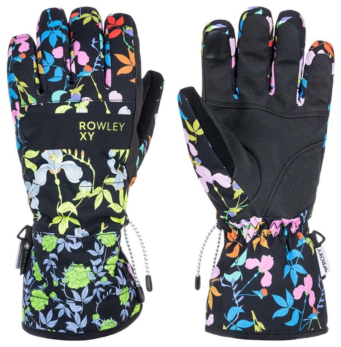 Roxy X Rowley Women's GORE-TEX Gloves 2024 - Black gloves with a floral pattern of pink, blue, and green flowers on a black background.