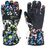 Roxy X Rowley Women's GORE-TEX Gloves 2024 - Black gloves with a floral pattern of pink, blue, and green flowers on a black background.