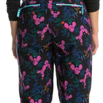 Roxy X Rowley Women's Insulated Bib Pants 2024 - Black bib pants with a pink floral pattern and blue trim on straps.