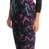 Roxy X Rowley Women's Insulated Bib Pants 2024 - Black bib pants with a floral pattern of pink, blue and brown flowers on a black background.