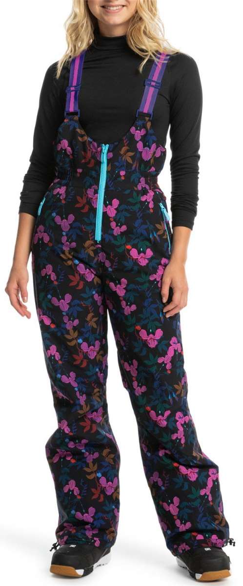 Roxy X Rowley Women's Insulated Bib Pants 2024 - Black bib pants with a floral pattern of pink, blue and brown flowers.