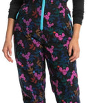 Roxy X Rowley Women's Insulated Bib Pants 2024 - Black bib pants with a floral pattern of pink, blue and brown flowers.