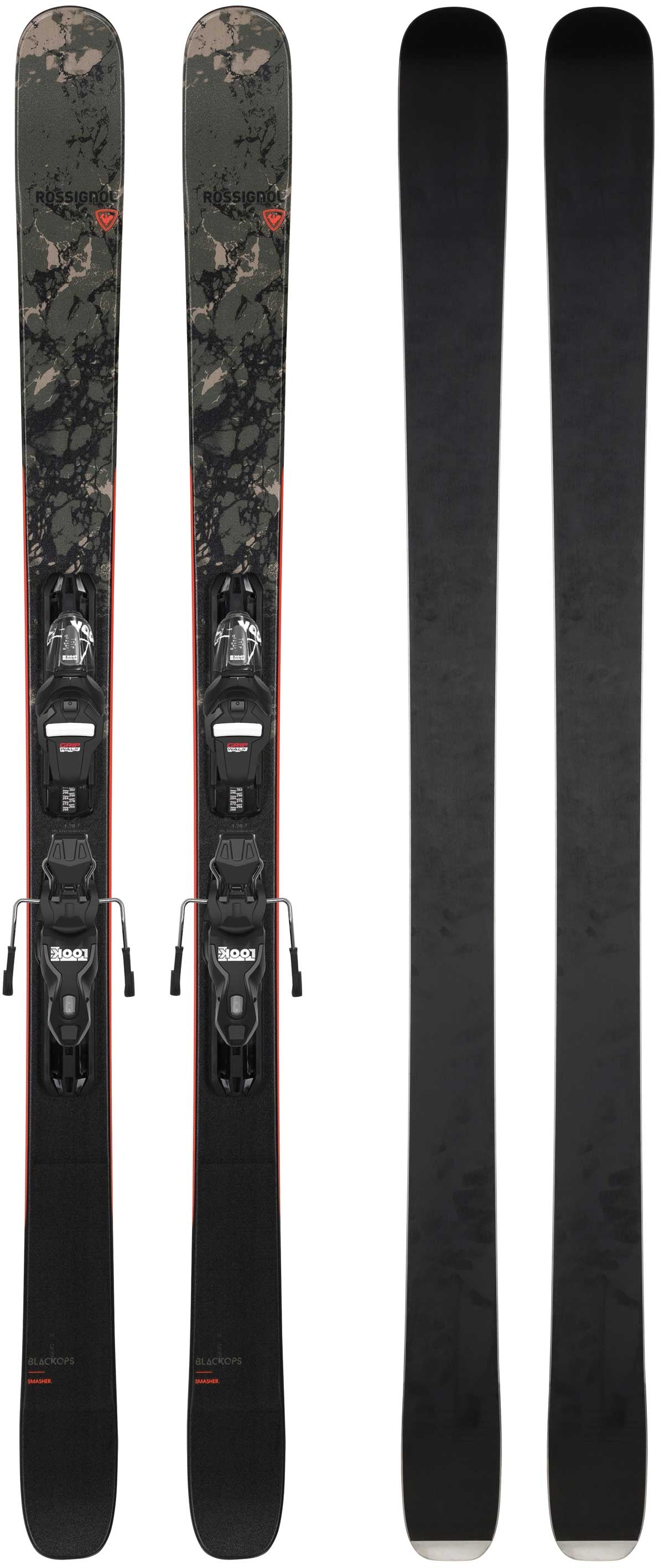 Rossignol Blackops Smasher Ski with Xpress 10 GW Ski Bindings - A black ski with a marbled pattern on top and red trim along the edges.