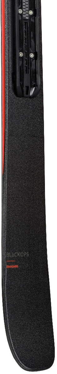 Rossignol Blackops Smasher Ski with Xpress 10 GW Ski Bindings - A black ski with a red stripe down the side, featuring silver screws and bindings.