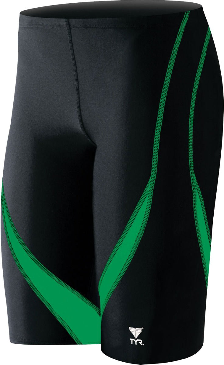 TYR Men's Alliance Splice Jammer Swimsuit - A black swimsuit with a green and white striped pattern on the sides.