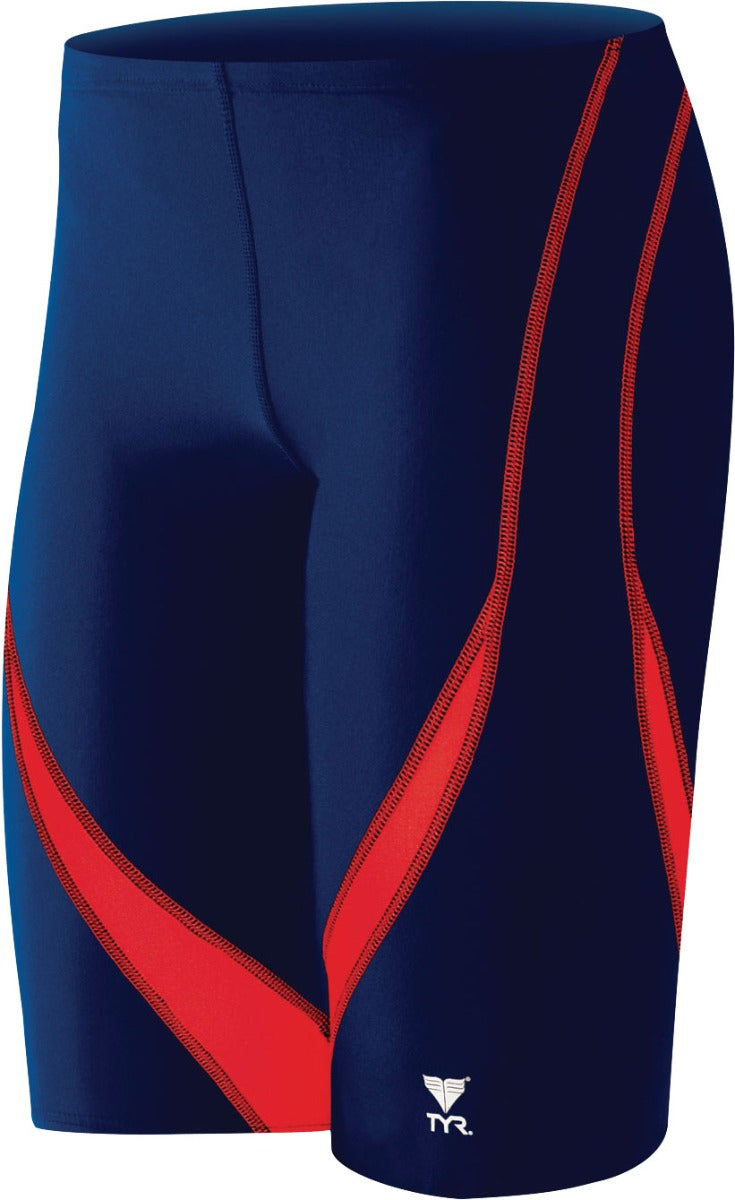 TYR Men's Alliance Splice Jammer Swimsuit - A navy blue swimsuit with a red and black geometric pattern on the left leg.
