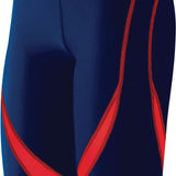TYR Men's Alliance Splice Jammer Swimsuit - A navy blue swimsuit with a red and black geometric pattern on the left leg.