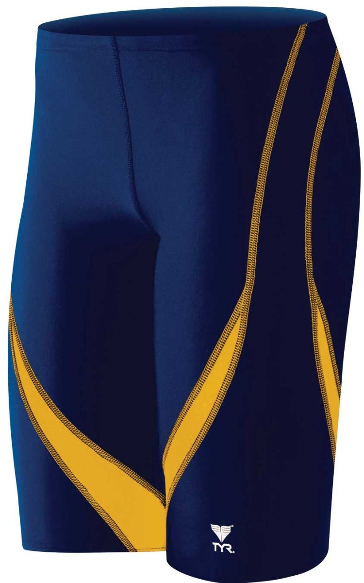 TYR Men's Alliance Splice Jammer Swimsuit - A navy blue swimsuit with a yellow and black diagonal striped pattern on the left leg.
