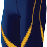 TYR Men's Alliance Splice Jammer Swimsuit - A navy blue swimsuit with a yellow and black diagonal striped pattern on the left leg.