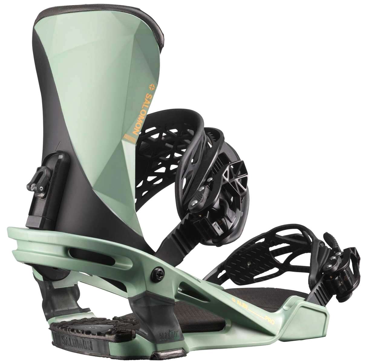 Salomon Alibi Pro Snowboard Bindings 2023 - A pair of black snowboard bindings with a geometric pattern on the straps and buckles.