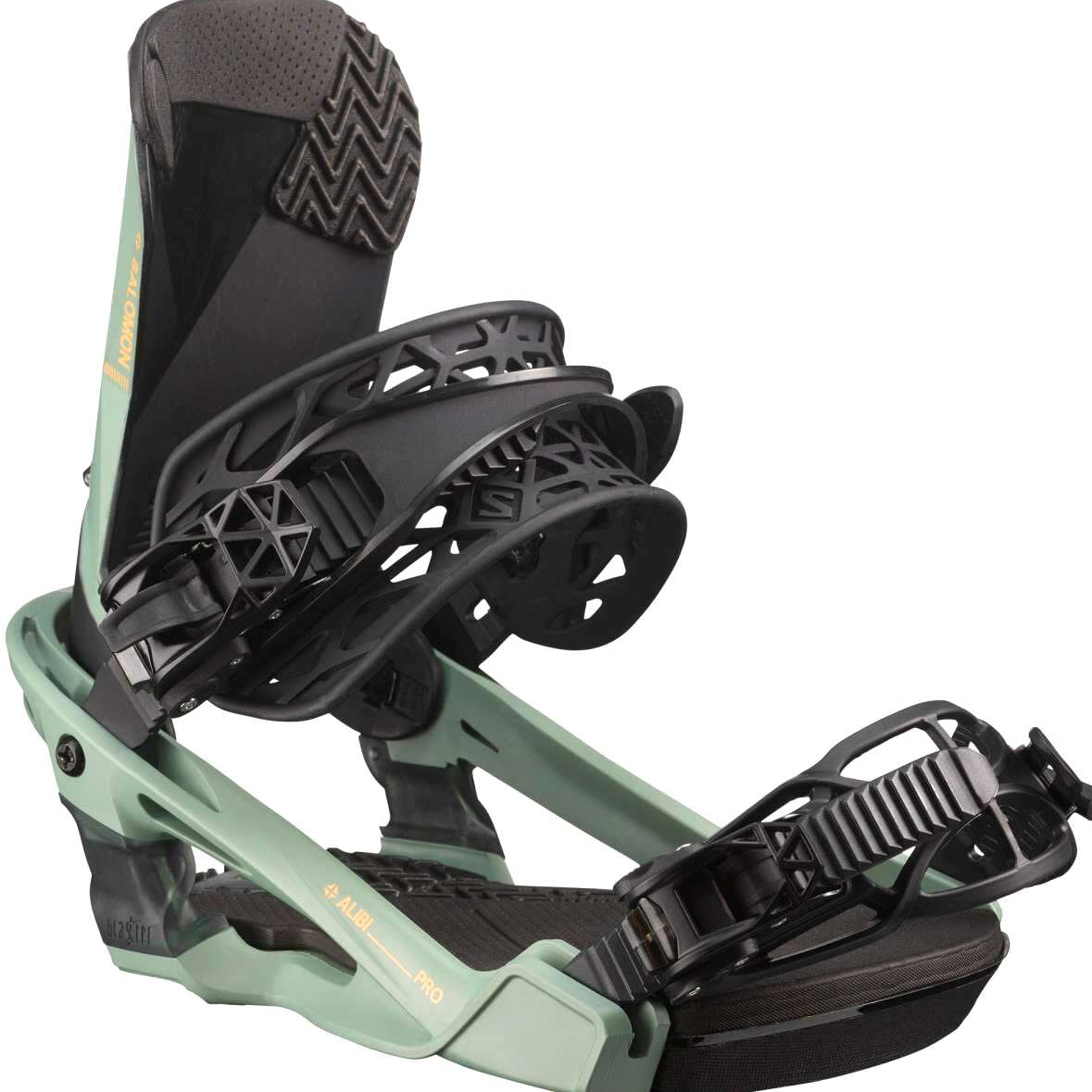Salomon Alibi Pro Snowboard Bindings 2023 - A pair of black snowboard bindings with a geometric pattern on the straps and buckles.