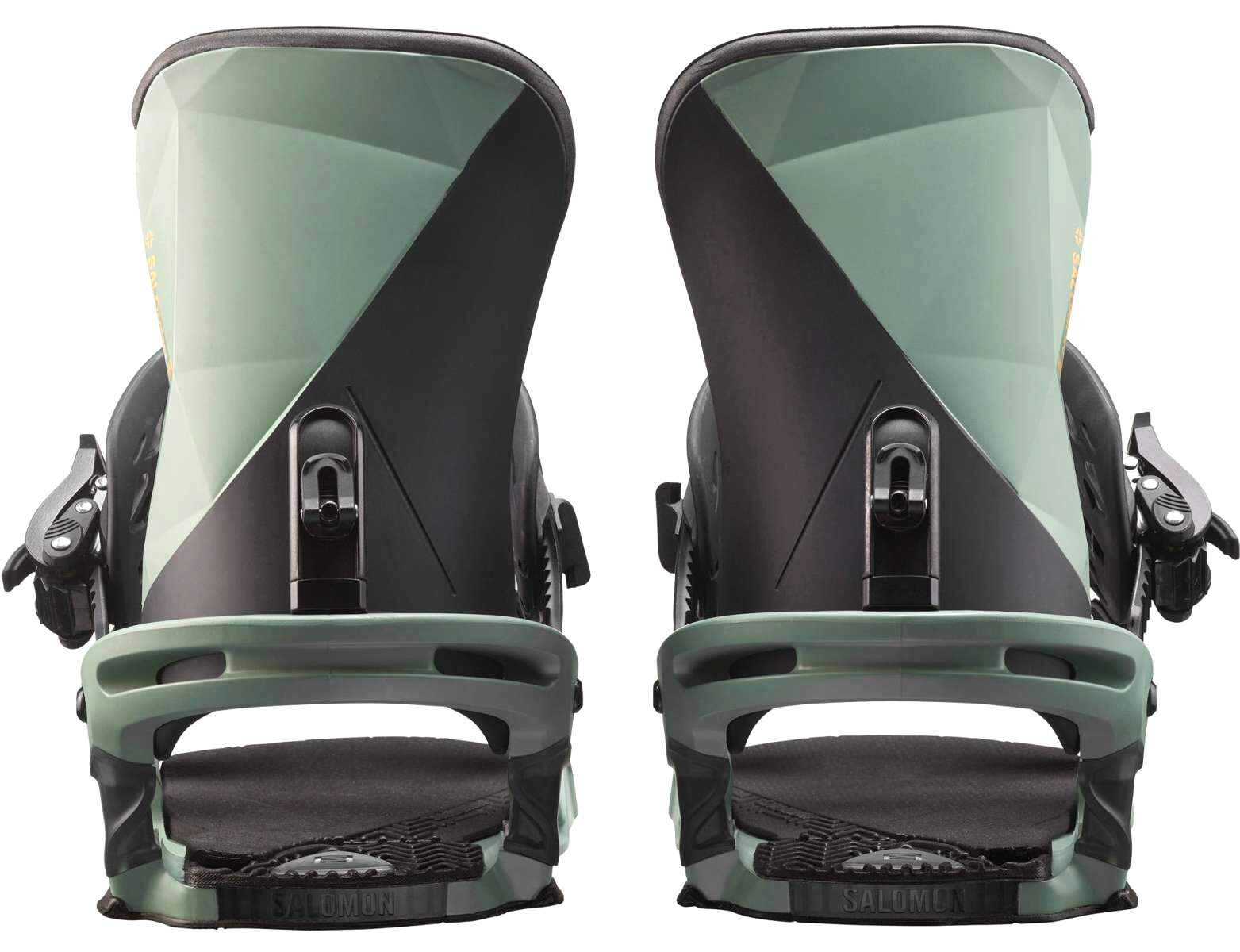 Salomon Alibi Pro Snowboard Bindings 2023 - A pair of black snowboard bindings with yellow logos on the straps.