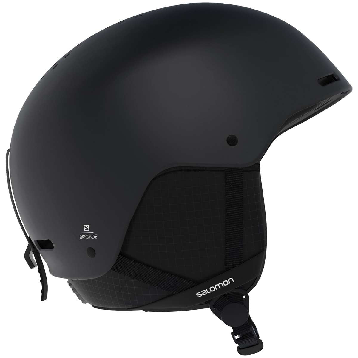 Salomon Brigade Helmet 2023 - A matte black helmet with a white logo on the side and ventilation holes along the top edge.