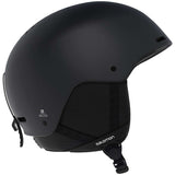 Salomon Brigade Helmet 2023 - A matte black helmet with a white logo on the side and ventilation holes along the top edge.