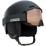 Salomon Brigade Helmet 2023 - A matte black helmet with a white logo on the front and a chin strap.
