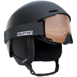 Salomon Brigade Helmet 2023 - A matte black helmet with a white logo on the front and a chin strap.