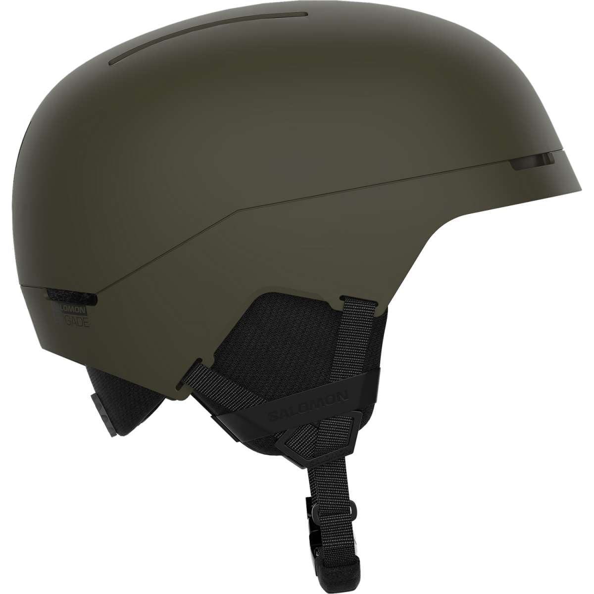 Salomon Brigade MIPS Helmet 2024 - A dark green helmet with a matte finish, featuring a prominent black strap and buckle on the back.