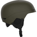 Salomon Brigade MIPS Helmet 2024 - A dark green helmet with a matte finish, featuring a prominent black strap and buckle on the back.