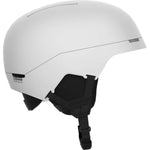 Salomon Brigade MIPS Helmet 2024 - A white helmet with a black strap under the chin and a small rectangular vent on top.