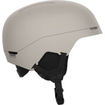 Salomon Brigade MIPS Helmet 2024 - A white helmet with a black strap under the chin and a gray logo on the side.