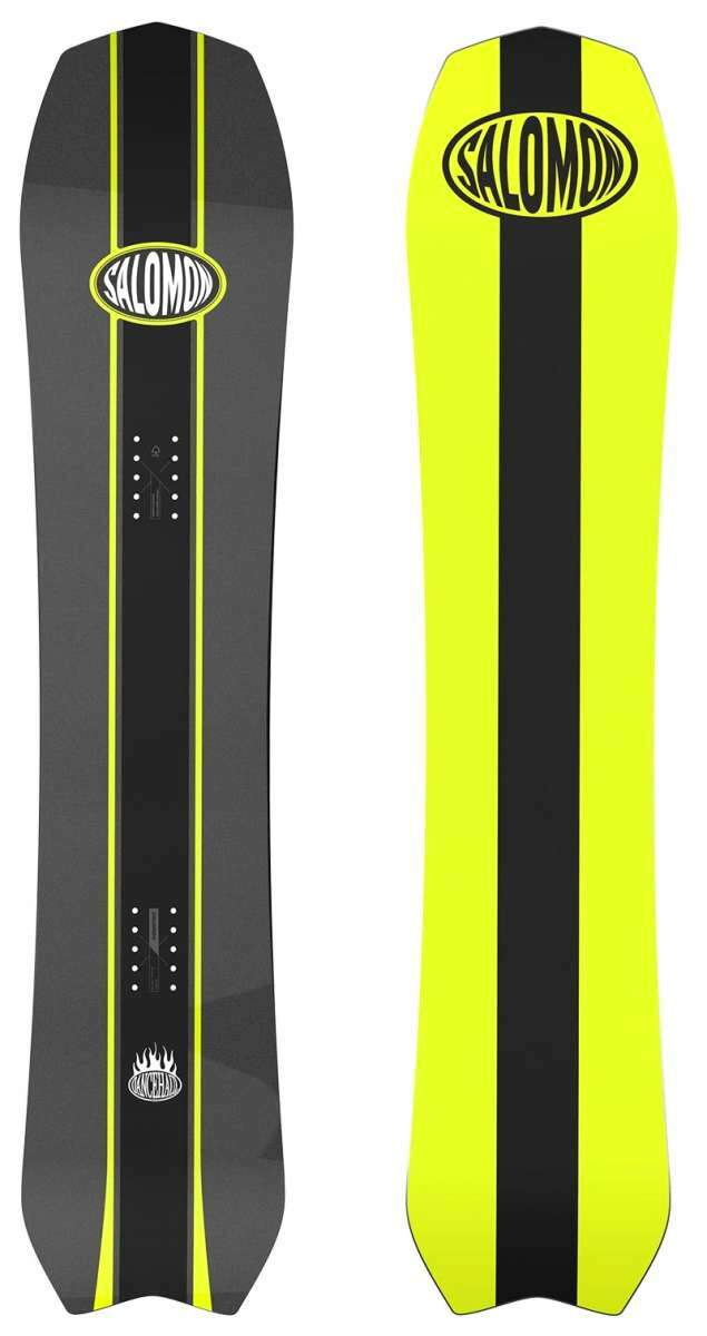 Salomon Dancehaul Grom Snowboard 2023 - A black snowboard with a white logo and yellow accents.