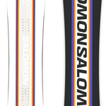 Salomon Junior's Dancehaul Grom Snowboard 2024 - A white snowboard with a red stripe down the middle and blue stripes on either side.