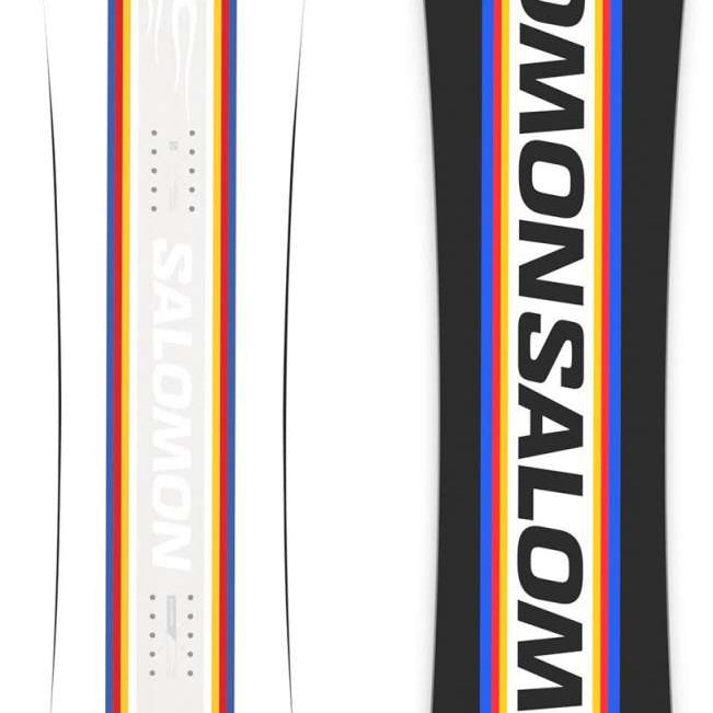 Salomon Junior's Dancehaul Grom Snowboard 2024 - A white snowboard with a red stripe down the middle and blue stripes on either side.