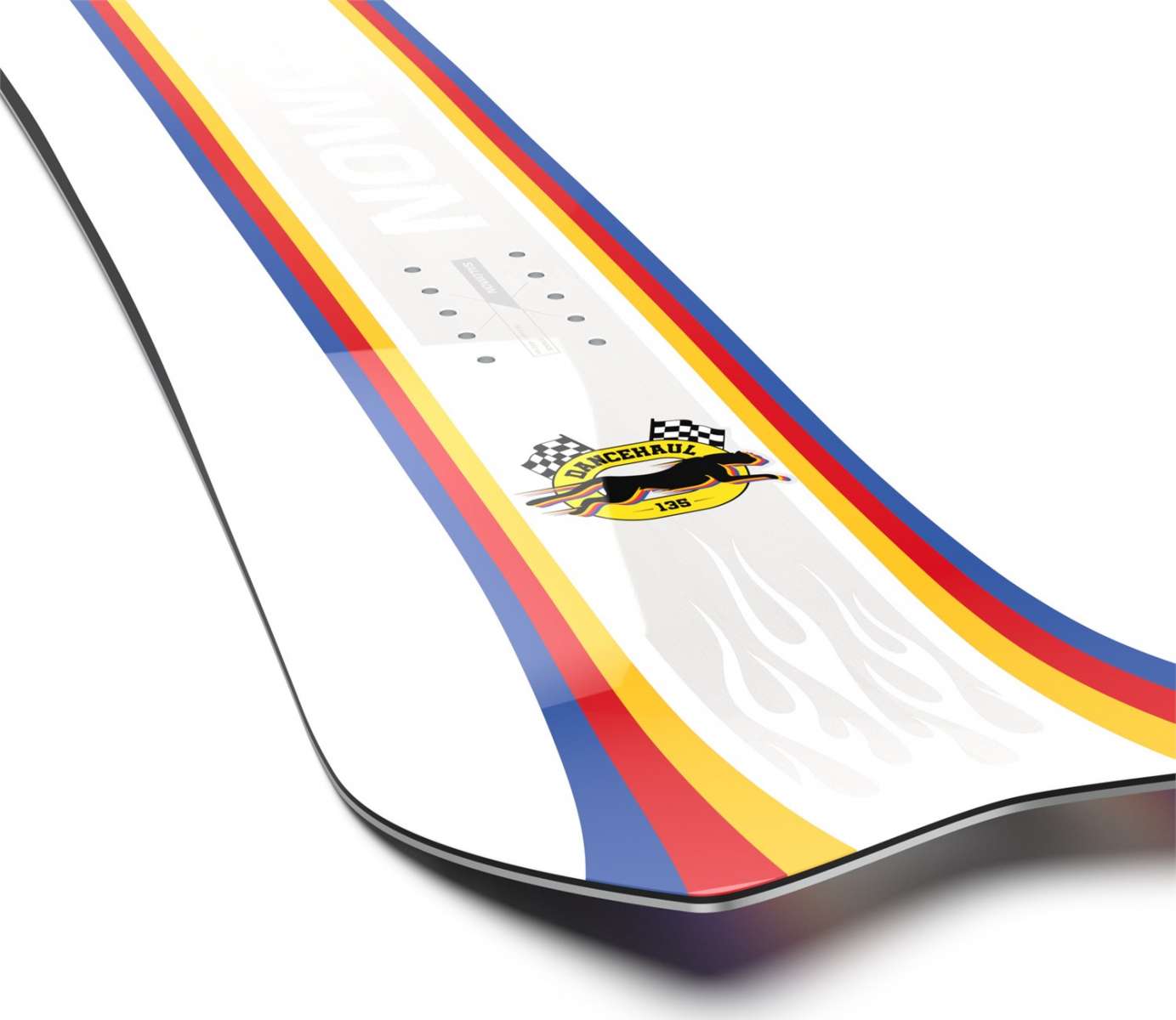 Salomon Junior's Dancehaul Grom Snowboard 2024 - A white snowboard with a red, yellow and blue stripe down the middle.