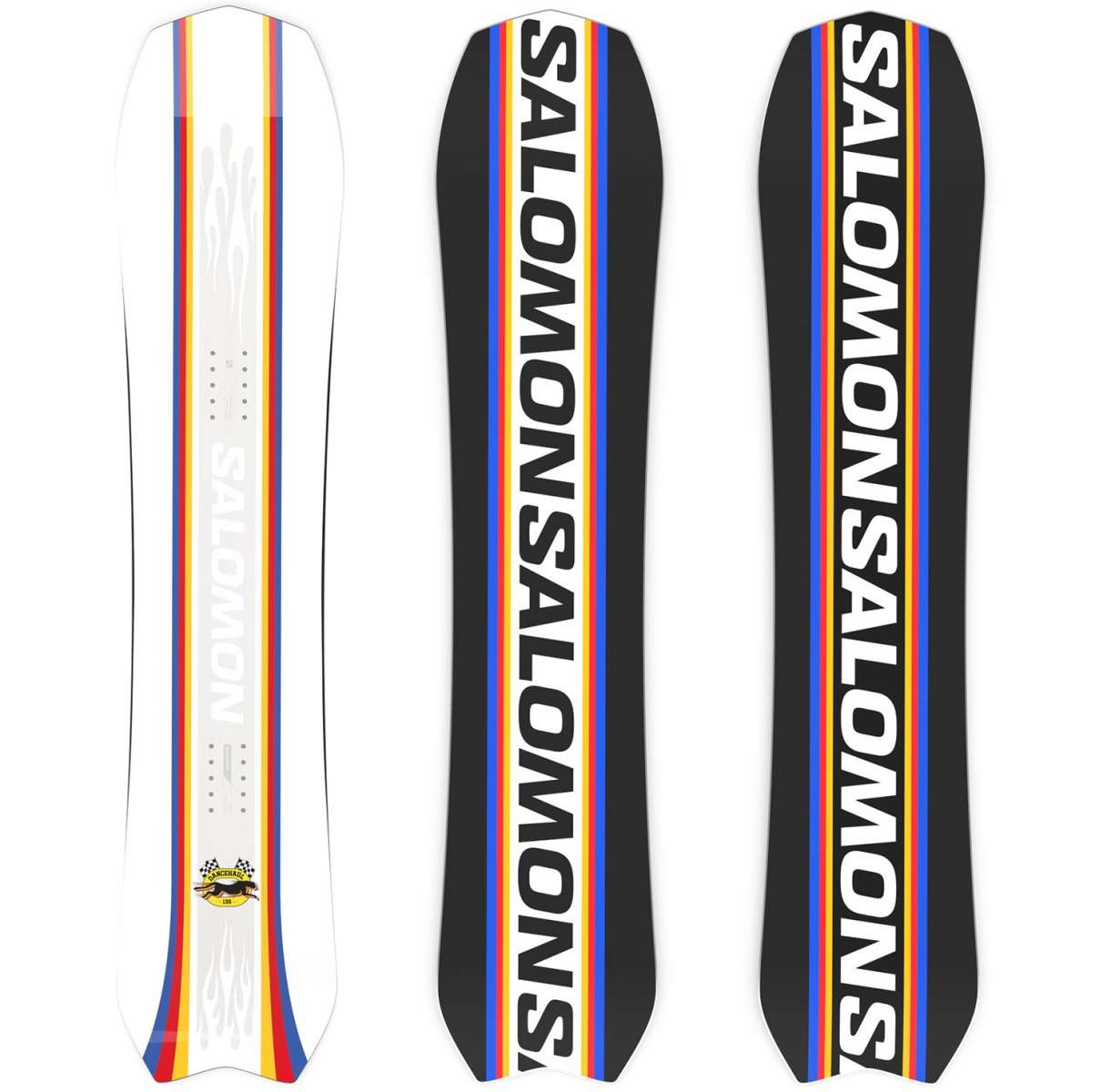 Salomon Junior's Dancehaul Grom Snowboard 2024 - A white snowboard with a red stripe down the middle and blue stripes on either side.