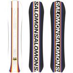 Salomon Junior's Dancehaul Grom Snowboard 2024 - A white snowboard with a red stripe down the middle and blue stripes on either side.