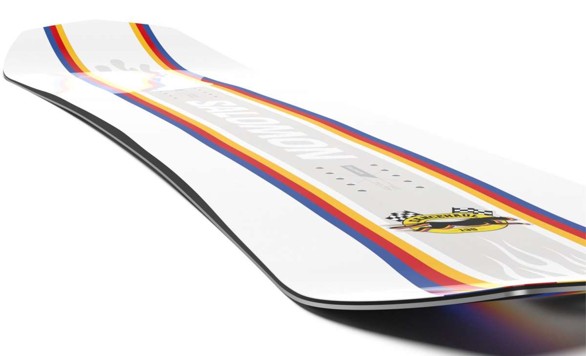 Salomon Junior's Dancehaul Grom Snowboard 2024 - A white snowboard with a red, yellow and blue stripe down the middle.