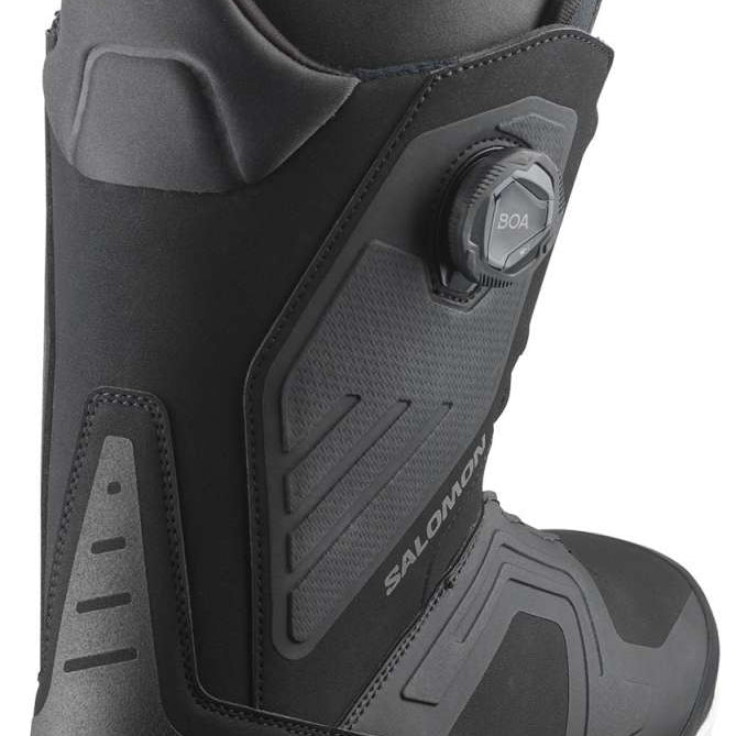 Salomon Dialogue Dual BOA Snowboard Boots 2024 - Black boots with a textured pattern on the side and white accents on the sole.