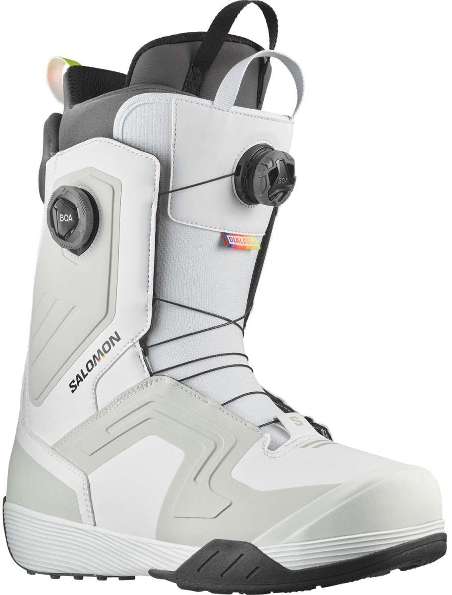 Salomon Dialogue Dual BOA Snowboard Boots 2024 - White snowboard boots with black laces and BOA dials on the side.