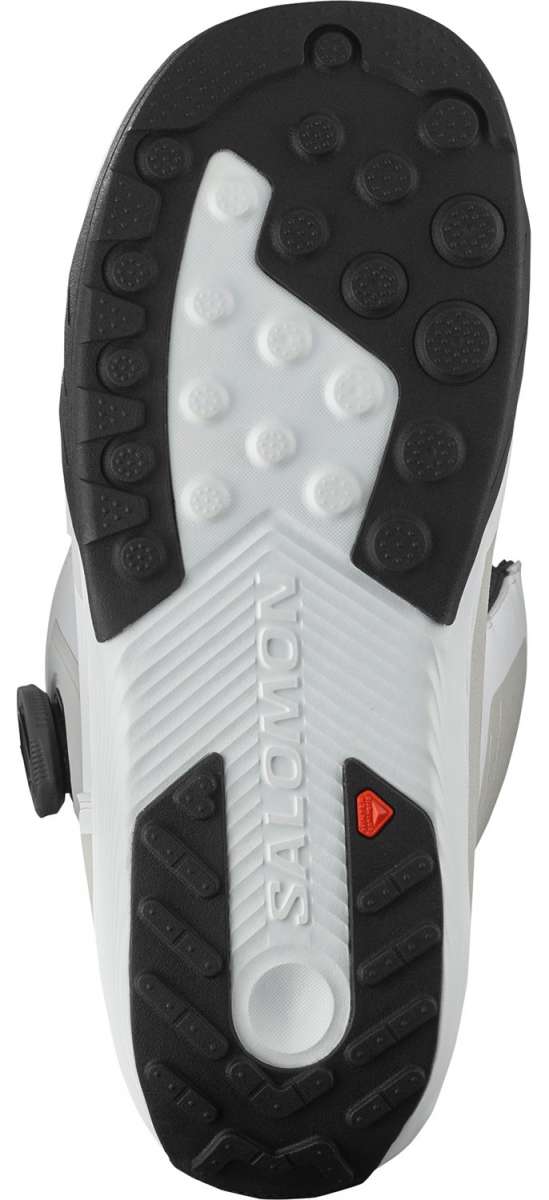 Salomon Dialogue Dual BOA Snowboard Boots 2024 - White boots with black and gray accents, featuring a textured rubber outsole.