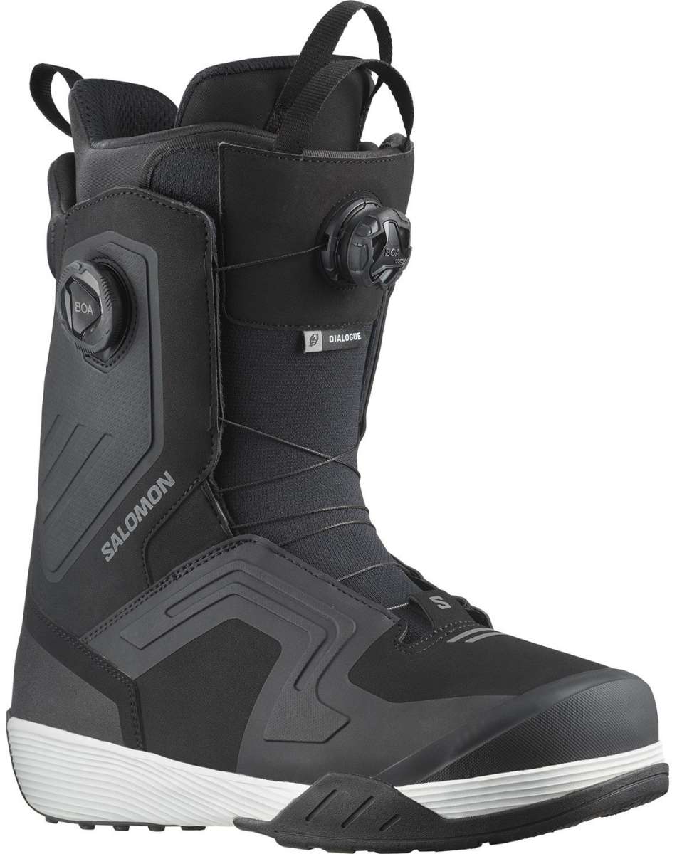 Salomon Dialogue Dual BOA Snowboard Boots 2024 - Black boots with a textured pattern on the toe and heel, featuring two round black BOA dials on each side.