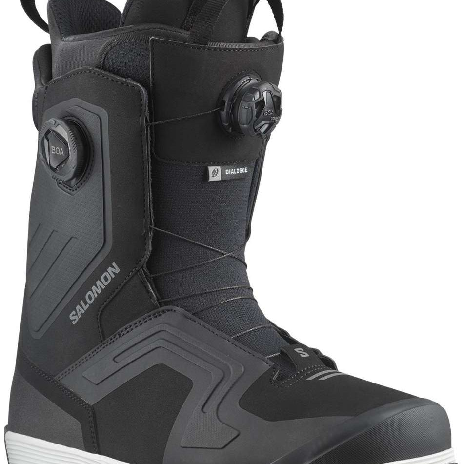Salomon Dialogue Dual BOA Snowboard Boots 2024 - Black boots with a textured pattern on the toe and heel, featuring two round black BOA dials on each side.