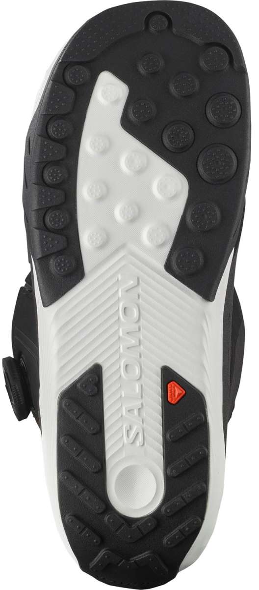 Salomon Dialogue Dual BOA Snowboard Boots 2024 - Black boots with white accents and a textured rubber outsole.