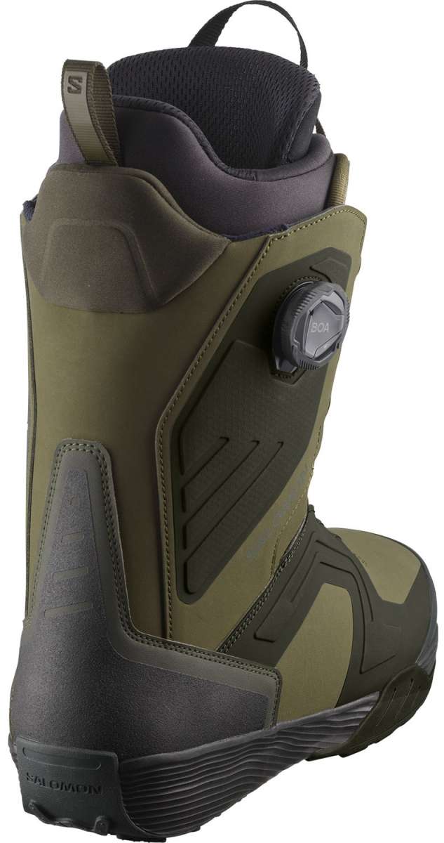 Salomon Dialogue Dual BOA Snowboard Boots 2024 - A pair of olive green snowboard boots with a black sole and laces.