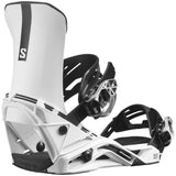 Salomon District Snowboard Bindings 2024 - A pair of white snowboard bindings with black straps and buckles, featuring a distinctive "S" logo on the top strap.