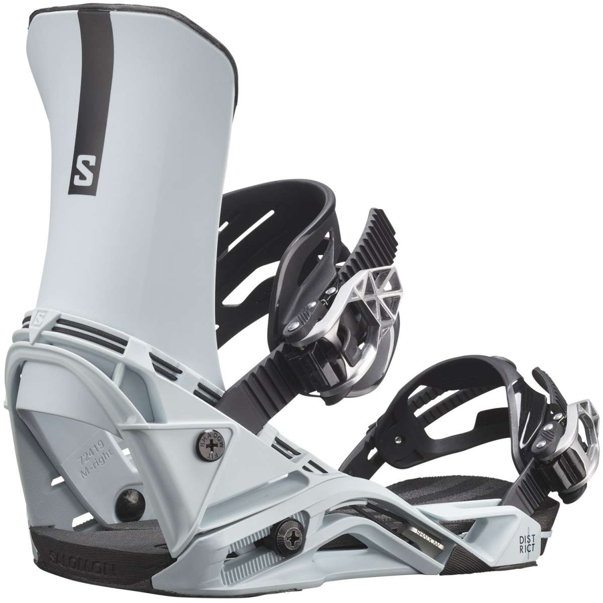 Salomon District Snowboard Bindings 2024 - A pair of white snowboard bindings with black straps and buckles, featuring a sleek design with cutouts on the sides.