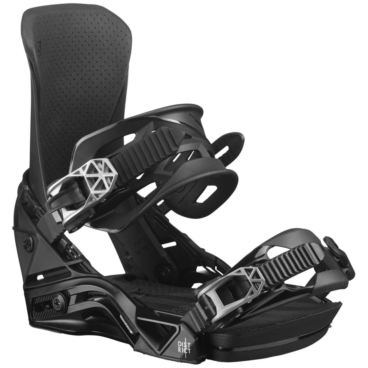 Salomon District Snowboard Bindings 2024 - Black bindings with silver buckles and straps.