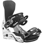 Salomon District Snowboard Bindings 2024 - A pair of black snowboard bindings with silver buckles and straps, featuring a geometric pattern on the buckles.