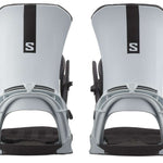 Salomon District Snowboard Bindings 2024 - A pair of white snowboard bindings with black accents and a black strap on the right boot.