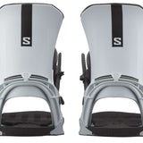 Salomon District Snowboard Bindings 2024 - A pair of white snowboard bindings with black accents and a black strap on the right boot.