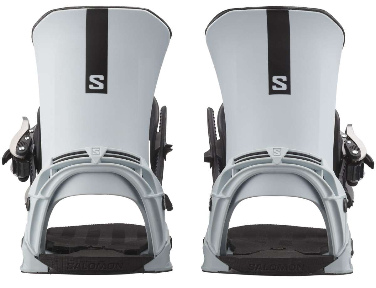Salomon District Snowboard Bindings 2024 - A pair of white snowboard bindings with black accents and a black strap on the right boot.