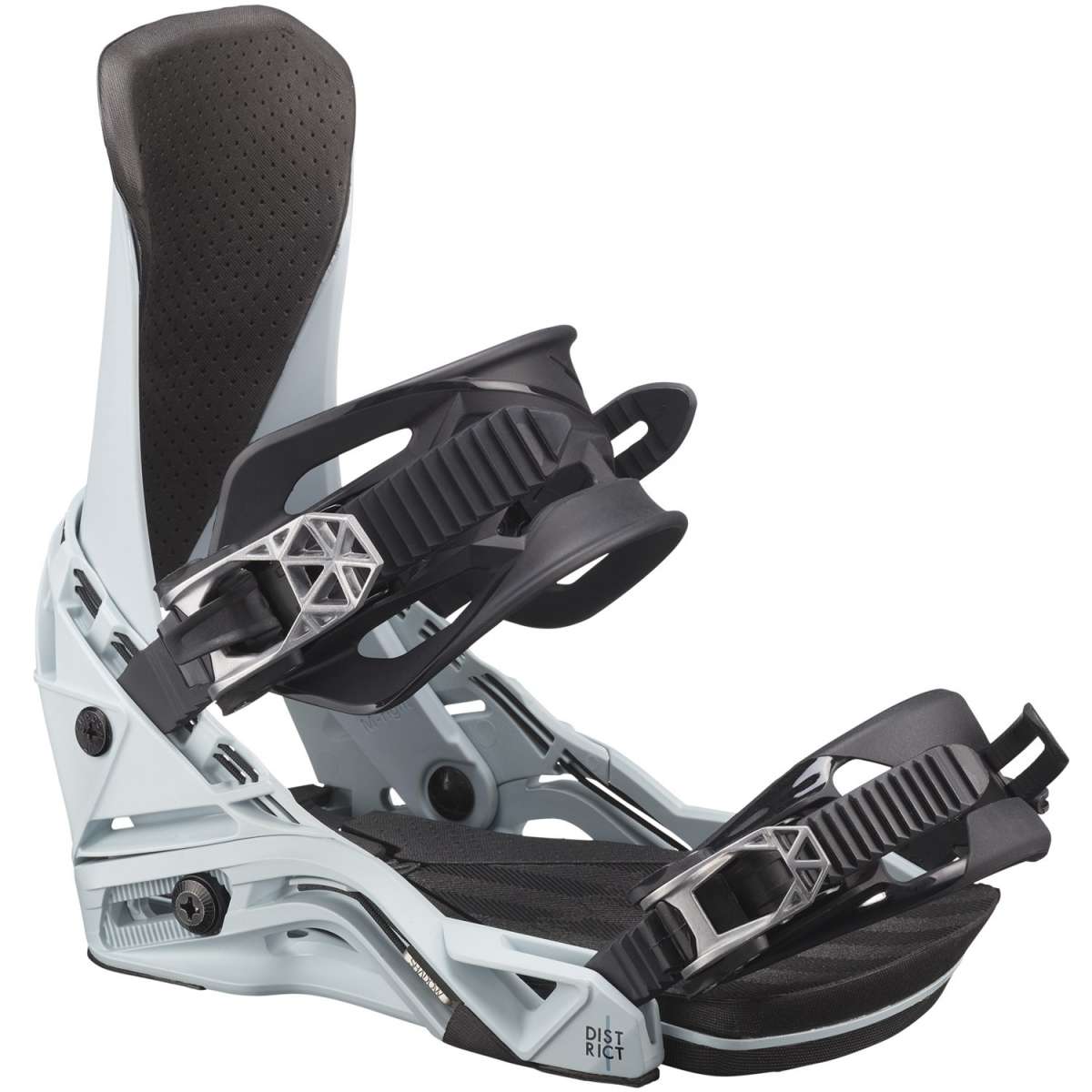 Salomon District Snowboard Bindings 2024 - A pair of snowboard bindings with a sleek black strap and silver buckles.