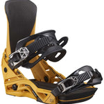 Salomon District Snowboard Binding 2022-2023 - A black and yellow snowboard binding with a geometric silver buckle on the right boot strap.